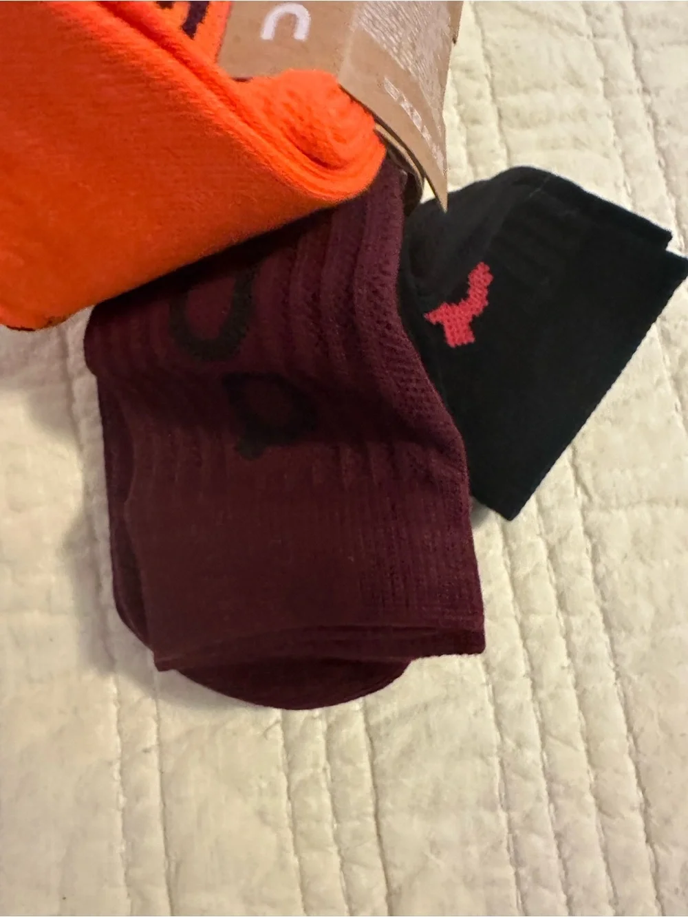 Men's 3-Pack Large Casual Crew Socks in Black, Maroon, and Orange